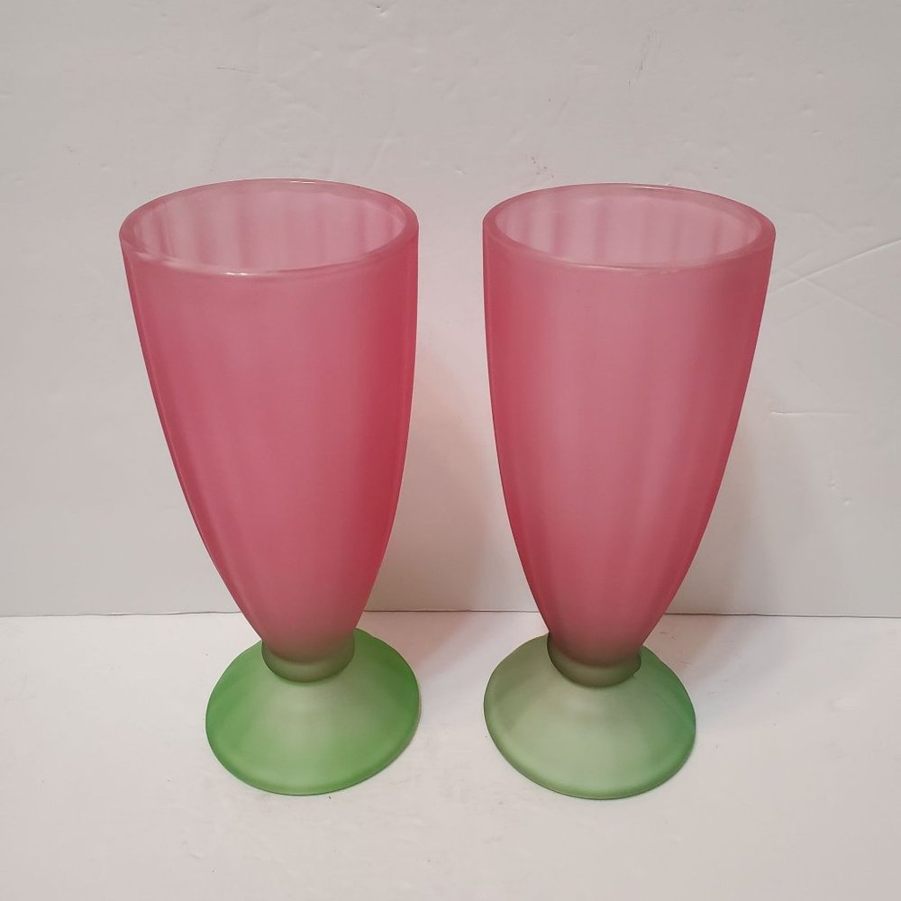Vintage Libbey Ka-Dinks Parfait Glasses, Set of 2, Pink Green Watermelon Frosted